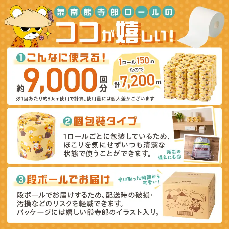 トイレットペーパー 個包装 48ロール 泉南熊寺郎ロール シングル 巻【配送不可地域：北海道・沖縄】【60営業日以内に発送】【020D-015】