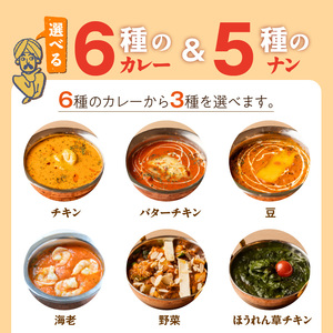 【マイルド】【定期便5回】ビスヌ 本格カレー　シェフのおすすめ定期便（毎月お届け）_定期便 5回 ビスヌ 本格 カレー チキン バターチキン 海老 豆 野菜 ほうれん草チキン ナン プレーン チーズ ガーリック パンプキンチーズ ほうれん草 マイルド できたて 真空パック 冷凍 福岡県 久留米市 送料無料 〔Tk039-01〕