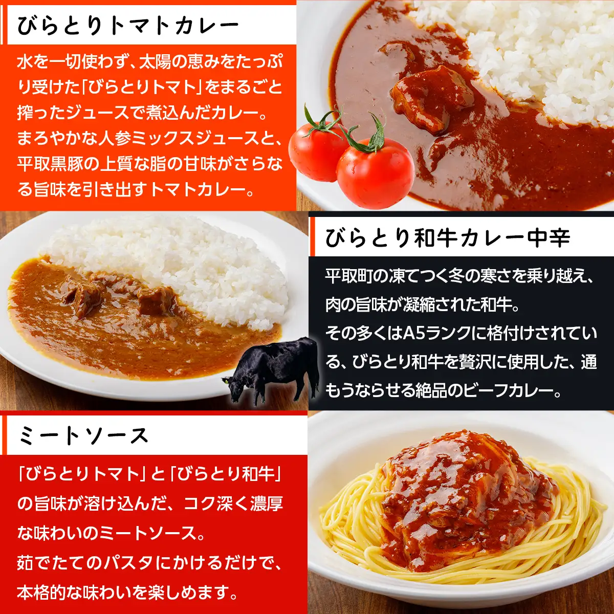 びらとり和牛カレー中辛・びらとりトマトカレー・ミートソースセット（各2箱）BRTH033