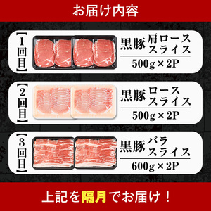 i1146-B ＜定期便・計3回(隔月)＞鹿児島県産 黒豚 定期便(合計3.2kg) 国産 鹿児島県産 豚肉 黒豚 ブタしゃぶしゃぶ 豚バラ バラスライス ローススライス 個包装 小分け 定期便 3回 冷凍配送 【スターゼン】