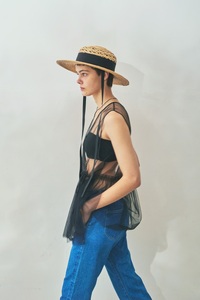 Mia Hat Lace Canotier Wide 003 レース キャノチェ ワイド 麦わら帽子【Black】 帽子 58cm 天然草木 ラフィア 黒 リボン ファッション 日本製 ギフト プレゼント 北杜市 [h333]