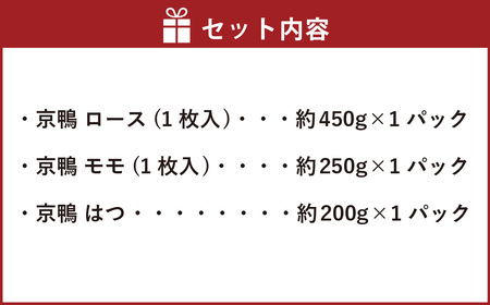 『京鴨』鴨肉 ふるさと 特選 セット（3パック（合計約900g））／ 3種 詰め合わせ むね ロース モモ はつ 鴨 カモ 【配達不可：離島】
