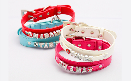 スワロフスキー文字ネーム入りペット首輪【犬用】（Mサイズ、レッド） 〈ソフト素材仕様でペットにやさしい〉