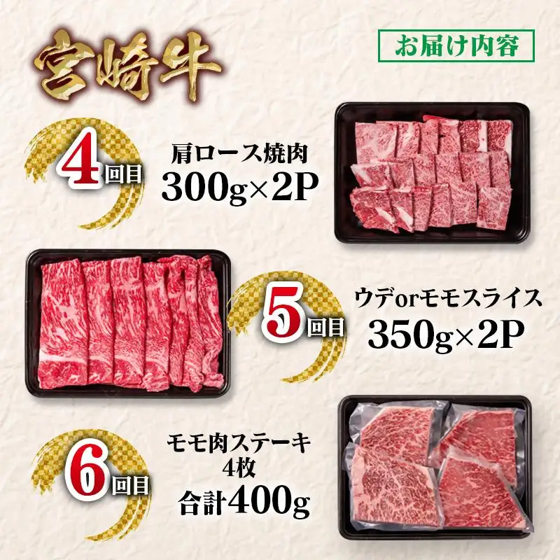 【定期便】宮崎牛 6回定期便 小分け ブランド牛 A４～A5等級 内閣総理大臣賞4連覇＜58-47a＞焼き肉 すき焼き 牛肉 最高級黒毛和牛