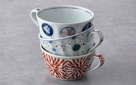 【陶器市特集】【波佐見焼】スープカップ 3点セット 丸紋・ヨーラク・タコ唐草【一夢窯】[XE11]