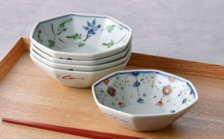 【陶器市特集】【波佐見焼】八角小皿 5柄セット 丸紋・花グリーン唐草・ヨーラク・万歴・花散らし【一夢窯】[XE13]