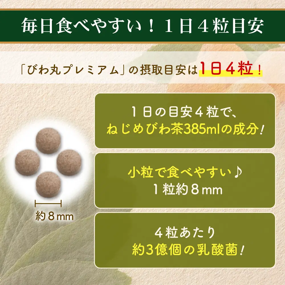 【定期便 全6回】≪6ヶ月連続で毎月お届け≫ びわ丸プレミアム ≪1回あたり(360粒入×1袋) ≫  健康補助食品 びわ茶含有加工食品 TO-14-NP | 国産 びわ茶 びわの葉 サプリメント 乳酸菌 ノンカフェイン ポリフェノール ネコポス 鹿児島県 南大隅町 十津川農場