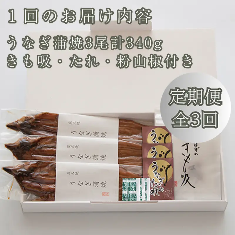 定期便3回【B-829】近江今津 西友 うなぎ炭火焼蒲焼 3尾／計約340ｇ・きも吸詰合せ B［高島屋選定品］