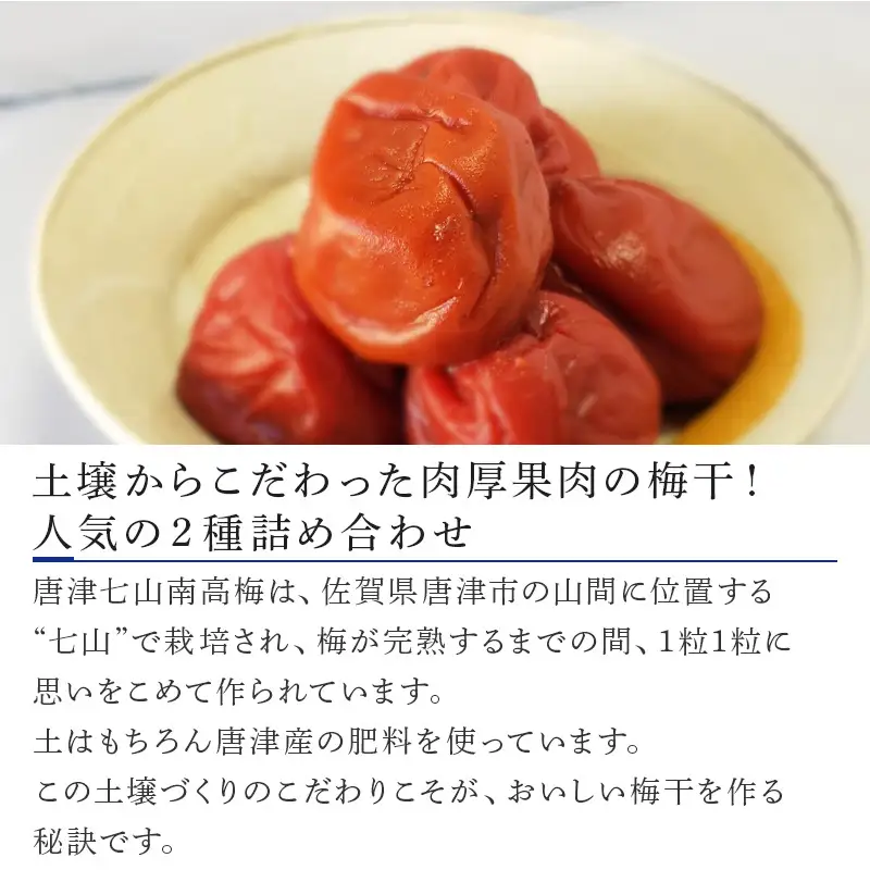 唐津七山 南高梅人気2種詰合せ 500g×2(合計1kg)「irodoriからつ四季の返礼品・はちみつ味・しそ味(減塩)」山間から湧き出る澄んだ水をふんだんに含んだ土壌で栽培