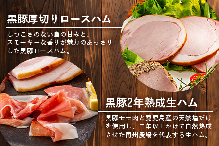 鹿児島県産 黒豚ギフト6点セット (合計約910g) NS-7 | 肉 お肉 豚肉 ぶた 豚 ブタ 黒豚 生ハム 焼豚 モモハム ベーコン ロースハム ウィンナー ソーセージ おかず おつまみ 国産 冷蔵 ギフト 鹿児島県 南大隅町 南州農場