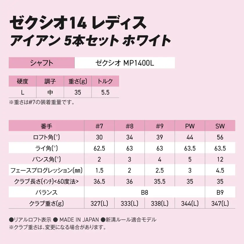 ゼクシオ 14 レディス アイアン ホワイト 5本セット【L】《2025年モデル》〔IE-C704-L〕