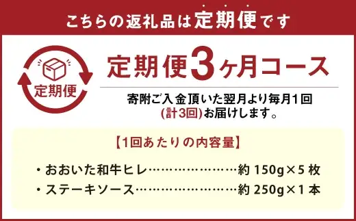 【3ヶ月定期便】 おおいた和牛 A5等級 ヒレステーキ 約750g（約150g×5枚）、ステーキソース（約250g×1本）付き 約750g×3回 計約2.25kg