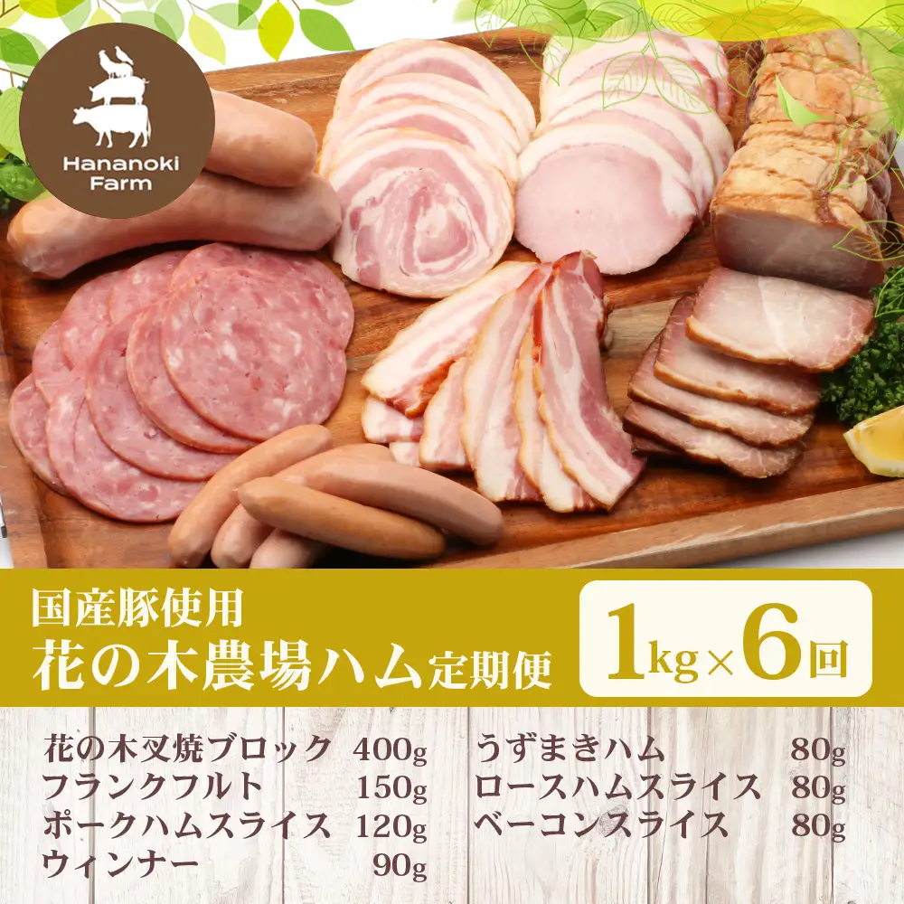 《全6回定期便》2ヶ月に１回お届け　 花の木農場【ハム詰め合わせセット】7種 計1,000g HK-19│定期便 ハム ベーコン クラフトハム 人気 南大隅町 第2花の木ファーム ノウフク ソーセージ 詰め合わせ セット ウインナー 国産 厳選