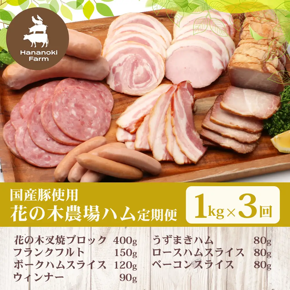 《全3回定期便》2ヶ月に１回お届け　 花の木農場【ハム詰め合わせセット】7種 計1,000g HK-18│定期便 ハム ベーコン クラフトハム 人気 南大隅町 第2花の木ファーム ノウフク ソーセージ 詰め合わせ セット ウインナー 国産 厳選