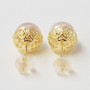 S101-426_あこや真珠 天草 熊本 ピアス 菊皿 8mm - 8.5mm 花型 ホワイトピンク K18 K14 本真珠  