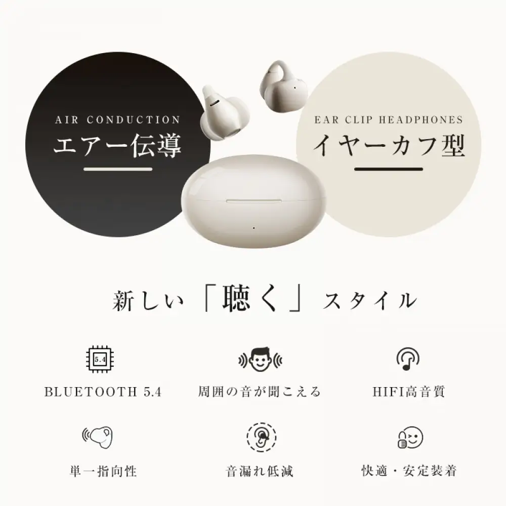 【2025年モデル】 空気伝導イヤホン Bluetooth5.4 TWS ＜パープル＞ワイヤレスイヤホン イヤーカフ型 挟み込み 耳を塞がない ENC ノイズキャンセリング 単一指向性 自動ペアリング HiFi高音質 充電ケース付き 安定装着 防水防滴 軽量設計 日本語取扱説明書 【PL保険加入済み製品・安心】