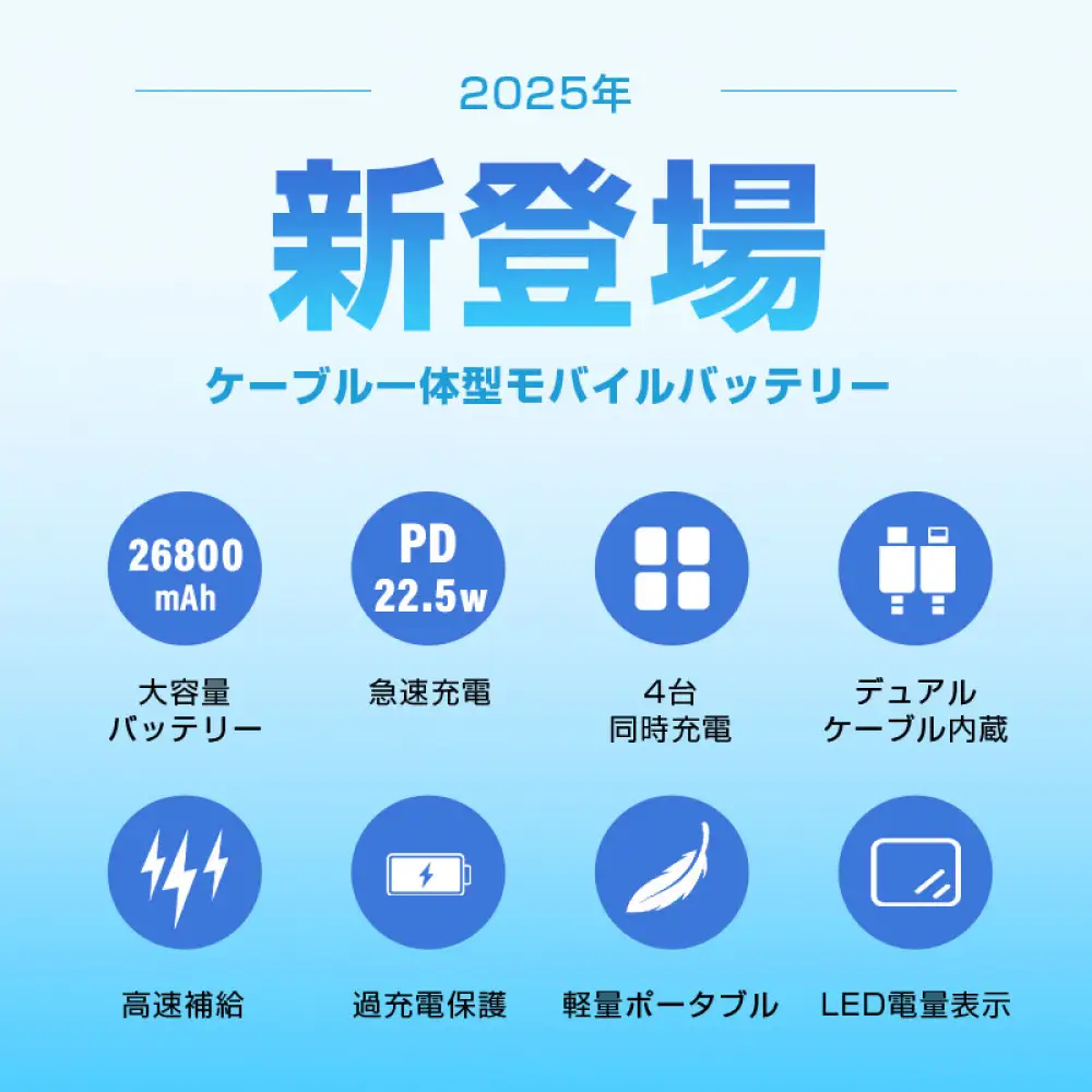 【2025年最新作】 モバイルバッテリー 26800mAh/99.16Wh＜グレー＞大容量 USB-A出力 Type-C出力/入力 ケーブル不要 4台同時充電 PD 3.0 22.5W急速充電 QC3.0高速 iPhone16充電 多機種対応 安定出力 持ち運び便利 出張 旅行 地震 災害 緊急用 防災グッズ PSE認証済み 日本語取扱説明書 