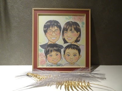 本格オーダーメイド 似顔絵 （色紙サイズ・額付） 4名 ペットも描きます