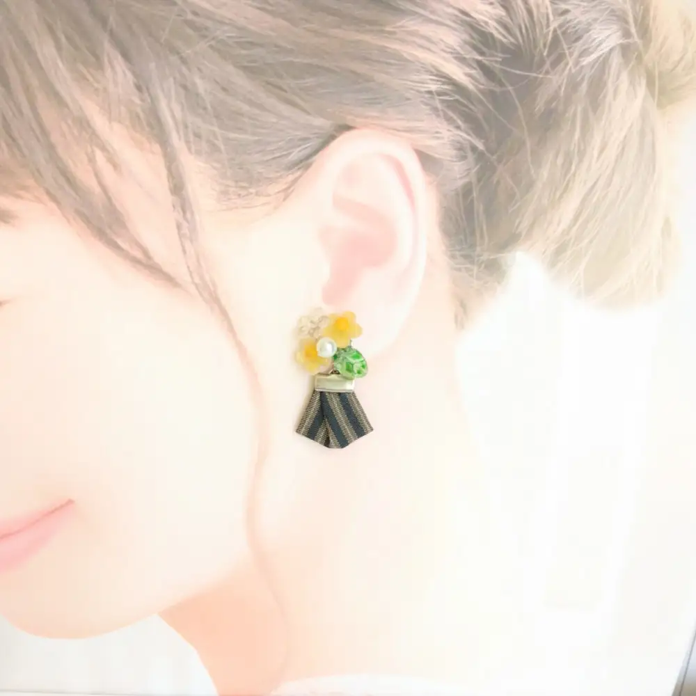 2way『和ピアス』川越唐桟　山吹の花　着物生地　ストライプ　江戸の粋　市の花　yamabuki