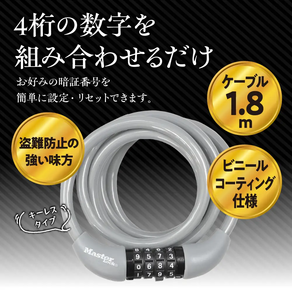 ケーブルロック　8221JADPROSLV（銀）　ダイヤル式　防犯　防災　Master Lock