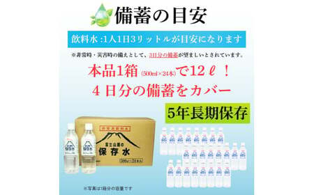 非常用飲料水 富士山麓の保存水500ml 24本入 総量12L／ミネラルウォーター お水 軟水 飲料 飲料水 ペットボトル 生活必需品 消耗品 備蓄 備蓄水 防災用品 防災 災害対策 5年 長期保存 人気 まろやか おいしい 送料無料 山梨県 西桂町【n0546-24_web_A】