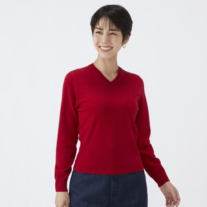 日本製 カシミヤ100% レディース Vネック レッド 2Lサイズ