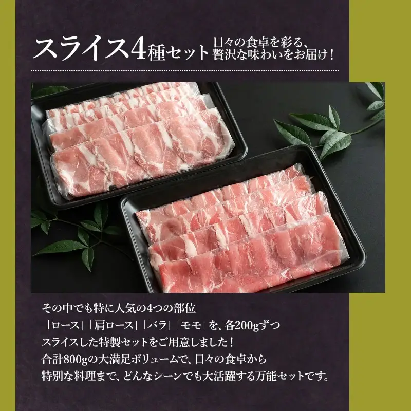 鶴岡産三元豚「桜美豚」スライス4種セット（ロース・肩ロース・バラ・モモ）各約200g（計約800g）　K-734　豚肉　長南牛肉店