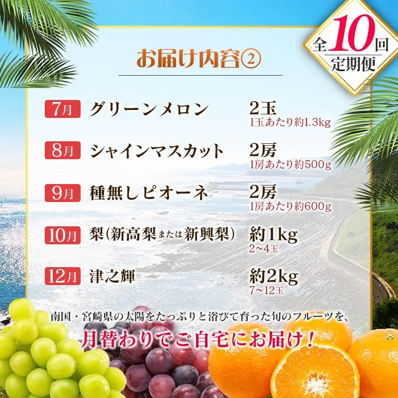 【10回定期便】旬 人気 フルーツ 南国宮崎産 マンゴー 金柑たまたま シャインマスカット ピオーネ いちご みかん 梨 メロン 柑橘 きんかん ぶどう 果物 詰め合わせ 宮崎県 九州＜E-2コース M600＞