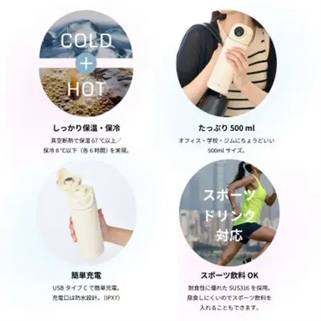 シーモン(c-mon) 指紋センサー付き真空断熱ボトル 水筒 保温保冷 ペールピンク【1687972】