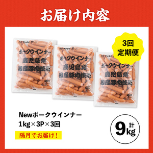 ＜定期便・計3回(隔月)＞ New ポーク ウインナー (業務用) 1kg×3P×3回 計9kg ウインナー ソーセージ 【ナンチク】i1203-B