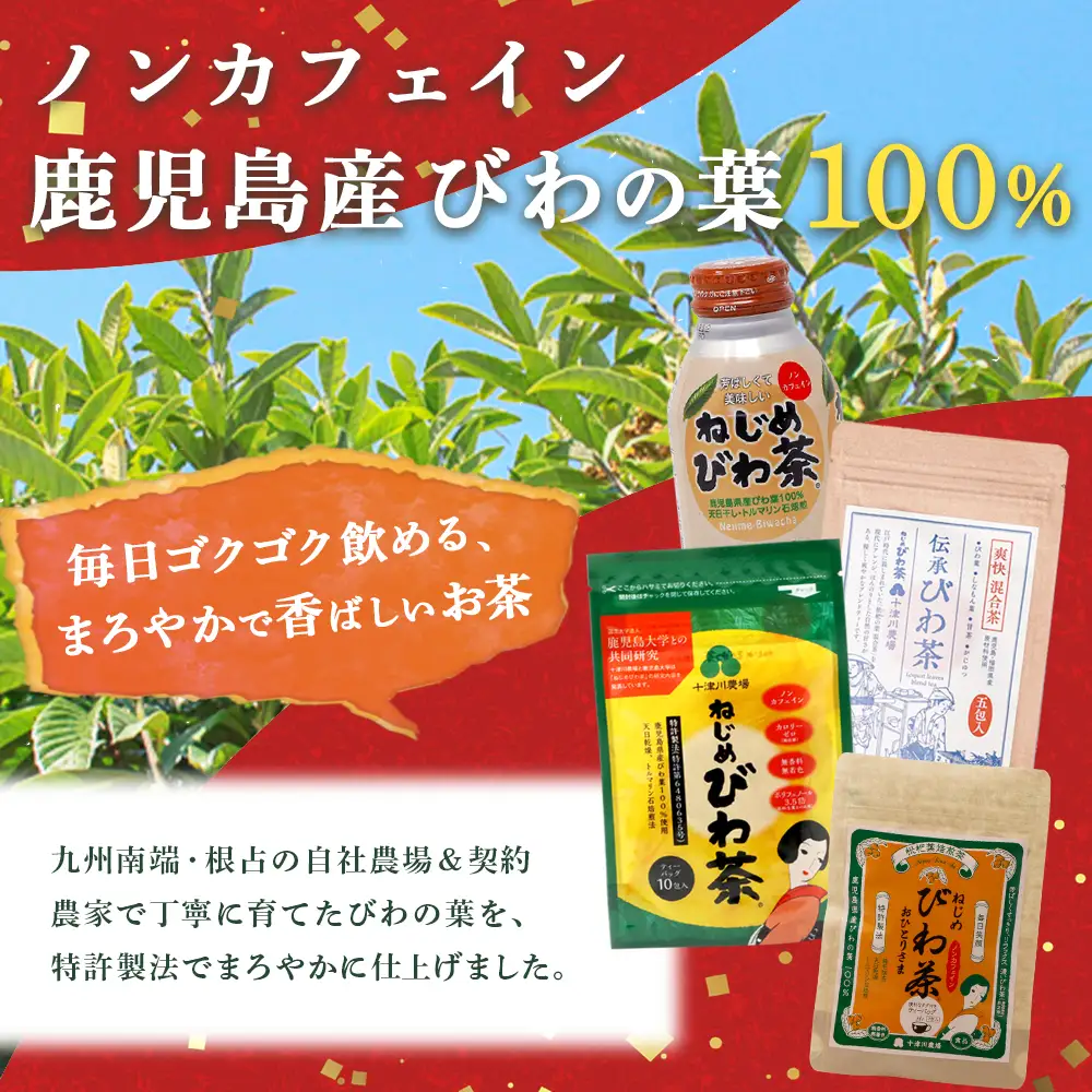 【HAPPY 福袋】ねじめびわ茶うれしい満喫セット（５種）化粧箱入 TO-20-FB| ねじめ びわ茶 ボトル缶 国産 大容量 トルマリン石 焙煎 健康茶 お茶 煮だし 飲みやすい 香ばしい おいしい びわの葉 福袋 セット 飲み比べ 鹿児島県 南大隅町 十津川農場