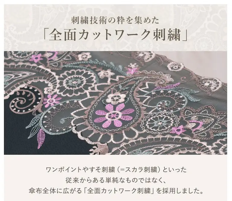 【シノワズリーモダン京都】女優日傘プレミアム ペイズリー更紗オーガンジー刺繍かわず張り長日傘 グレー