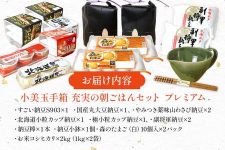 小美玉手箱15 充実の朝ごはんセット プレミアム（鶏卵・コシヒカリ・納豆・納豆小鉢・納豆棒のセット） 詰め合わせ 食べくらべ 食べ比べ お米 コシヒカリ こしひかり 特別栽培米 ごはん 森のたまご 卵 納豆 小鉢 棒 おかめ納豆 大粒 小粒 バラエティセット 納豆菌 茨城県産 国産 朝食 朝ご飯 タンパク質 たんぱく質 限定品 0-Y