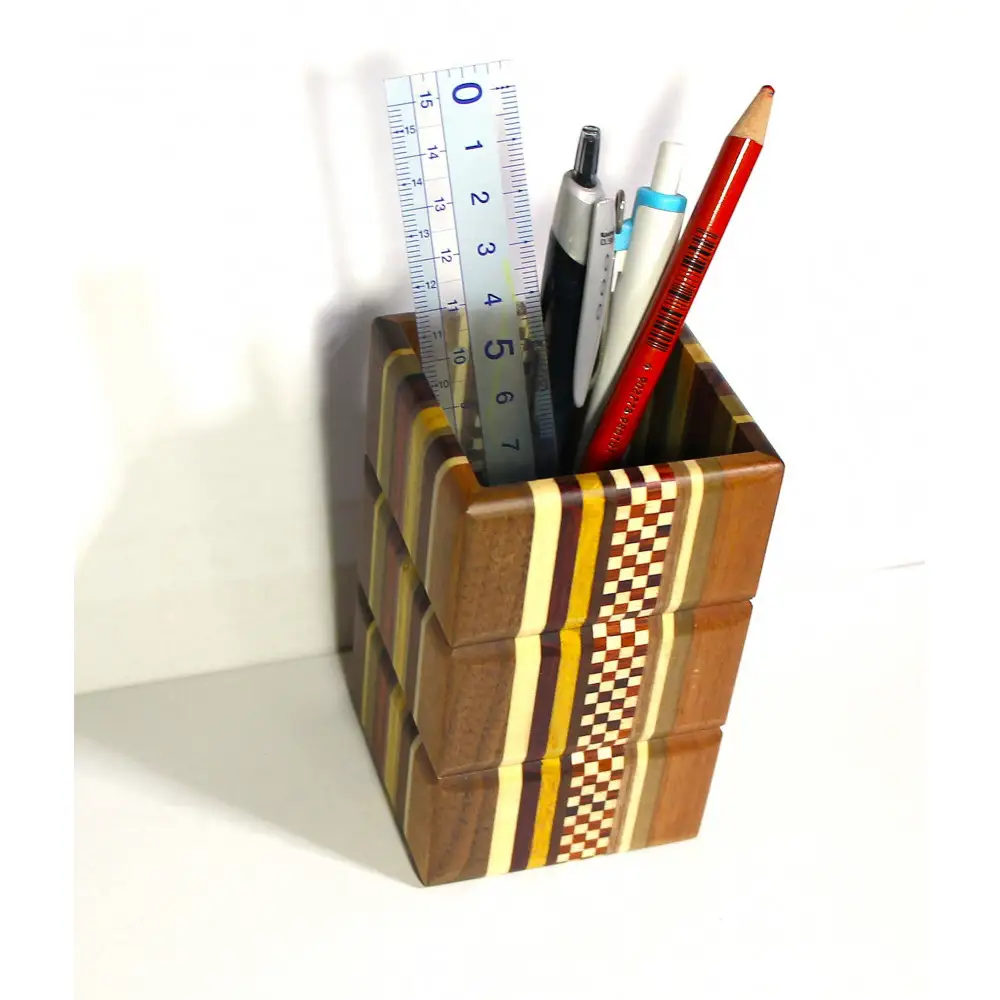 【箱根寄木細工　無垢四角ペン立て】