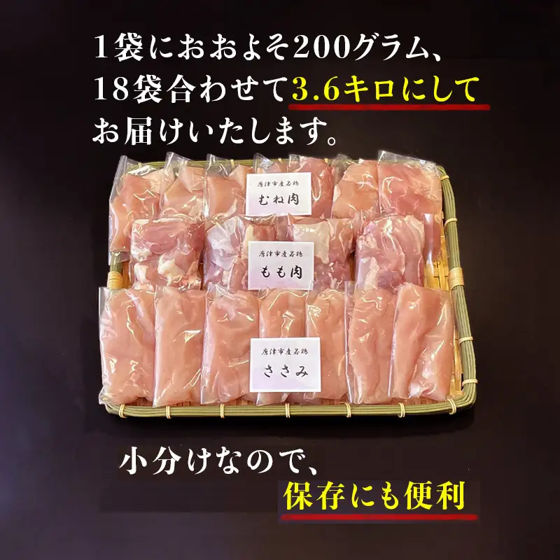 【6月中の発送】便利な小分け！若鳥カット済もも肉(200g×4袋)・むね肉(200g×7袋)・ささみ(7袋 合計1.4kg) 小袋詰め合わせ(合計3.6kg) 鶏肉 唐揚げ 親子丼 お弁当