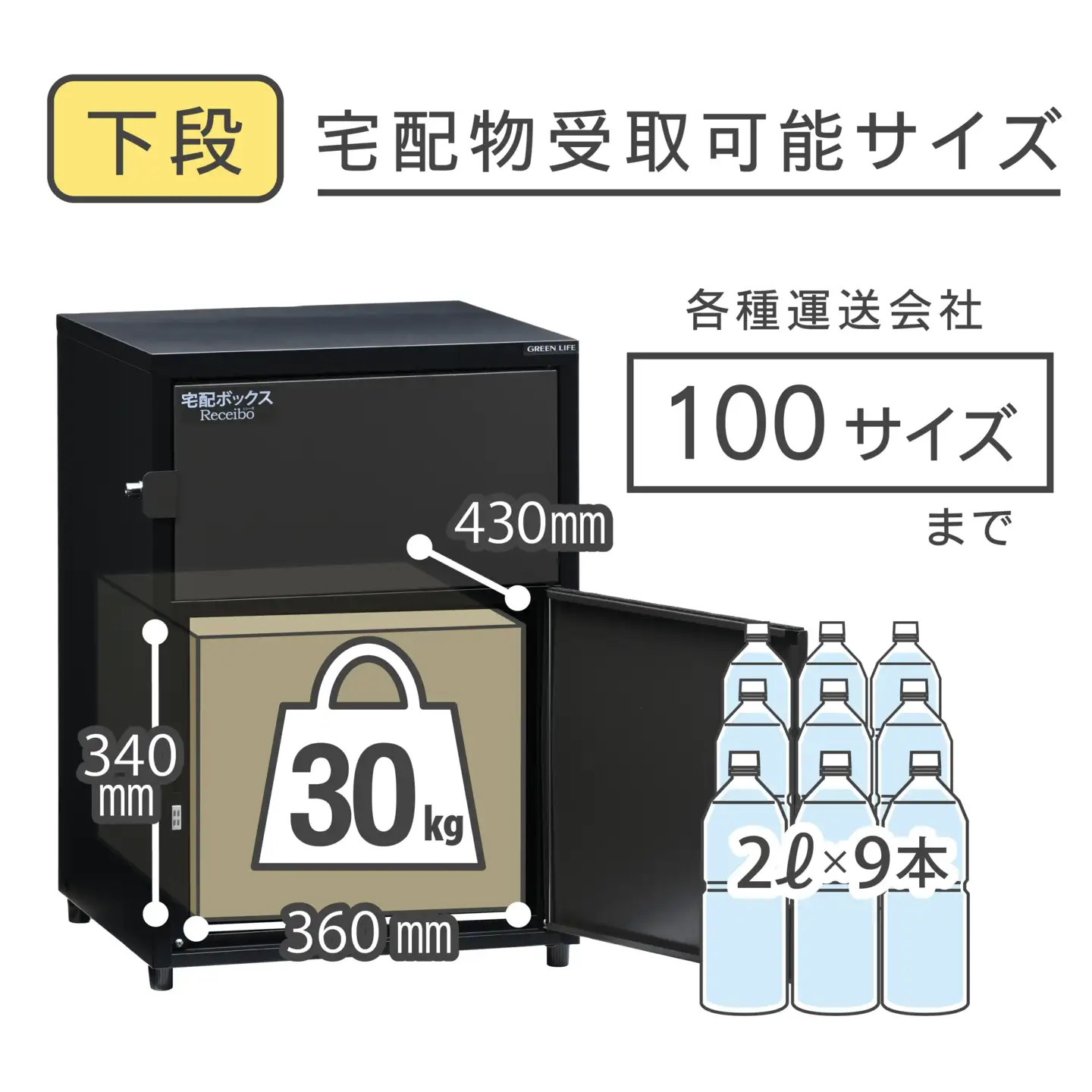 二段宅配ボックス レシーボ 鍵付き 戸建住宅用 防雨 防水 屋外 要組立 日本製 TR2-4568(BK/AGY) グリーンライフ