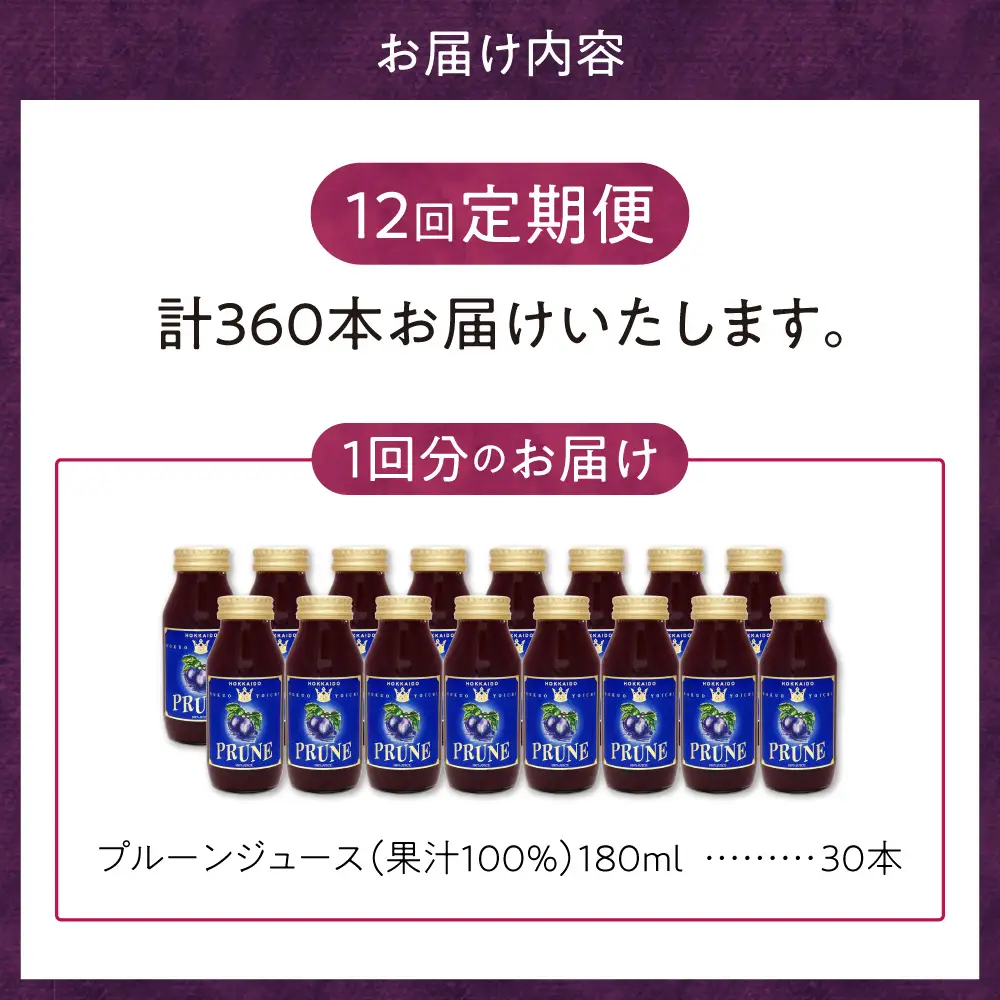 【定期便12回】余市産 無添加 プルーン果汁100％ジュース 180ml×30本セット_Y018-0053