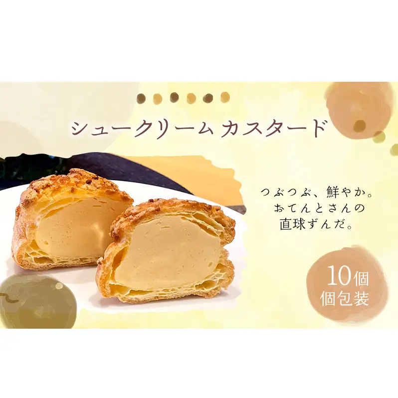 シュークリームカスタード10個セット シュークリーム カスタード 10個入 セット 詰め合わせ 当店一番人気 濃厚 卵 と 牛乳 の コク スイーツ 冷凍 焼き菓子 ギフト 個包装 お菓子 お取り寄せ デザート 大河原町 おてんとさん 自社製造