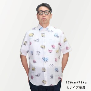 CLOFT 麻100％半袖プリントシャツ”ブルドック柄”犬柄（C/＃29ホワイト×ネイビー） XL 0139-024-S07-6