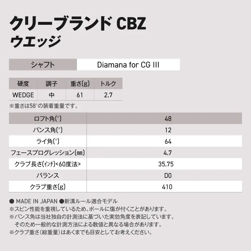 CBZ ウエッジ Diamana for CG III カーボンシャフト 48度《2025年モデル》〔GK-C703-od48〕
