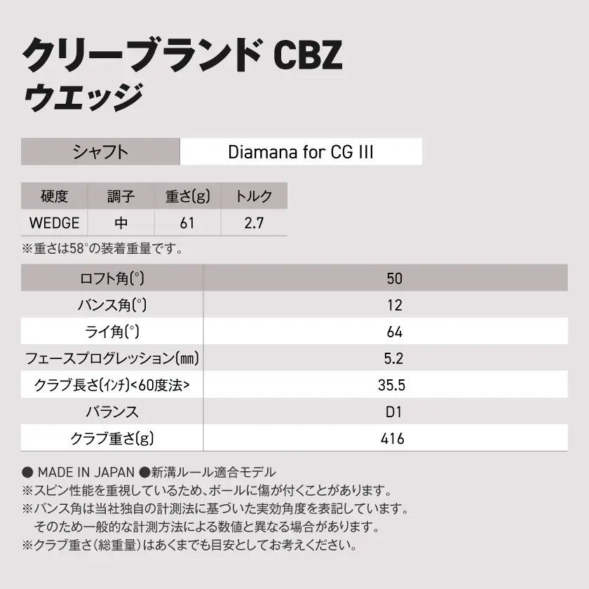 CBZ ウエッジ Diamana for CG III カーボンシャフト 50度《2025年モデル》〔GK-C703-od50〕