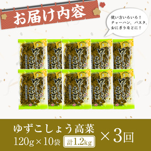 ＜定期便全3回＞ゆずこしょう高菜定期便 (10袋×3回) 漬物 高菜 つけもの【曽於市観光協会】T75