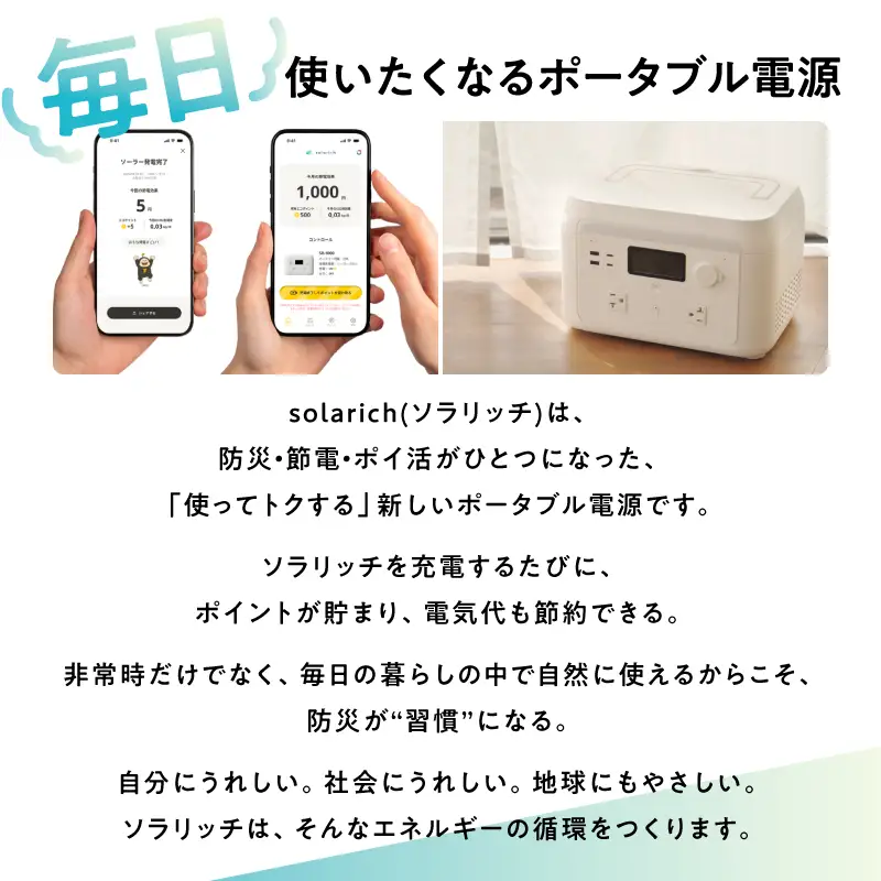 【6/24寄附受付終了】ポータブル電源 solarich(ソラリッチ)本体+ソーラーパネル100Wセット【072-002】