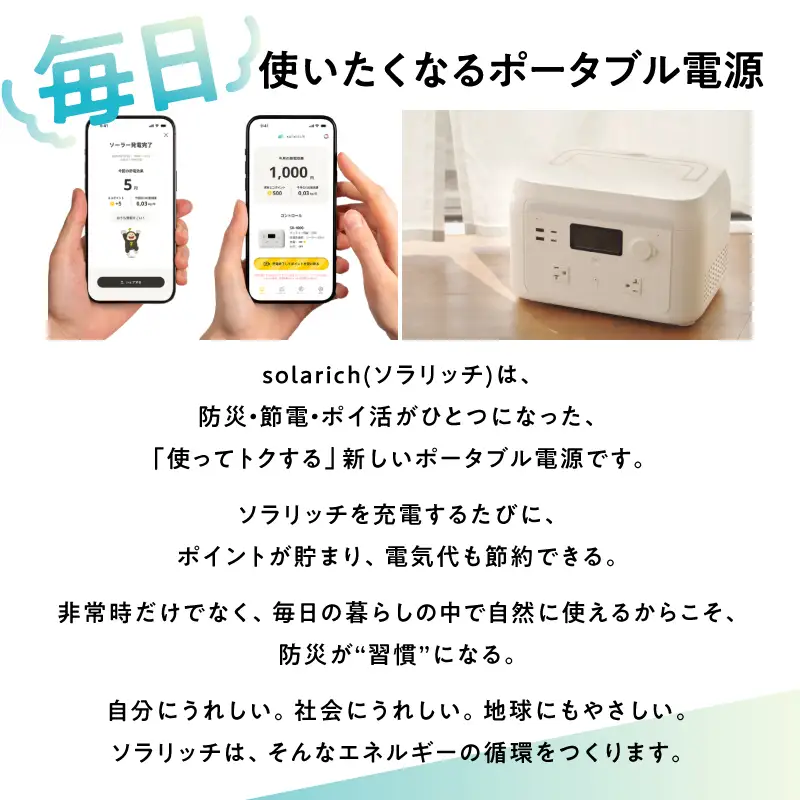 【6/24寄附受付終了】ポータブル電源 solarich(ソラリッチ)本体+ソーラーパネル200Wセット【072-003】