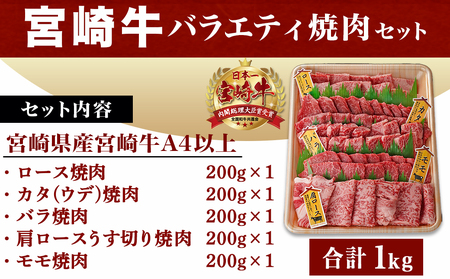 【父の日】宮崎牛バラエティ焼肉セット1kg≪6月18日～21日お届け≫〔22-8906-FG〕_(都城市) 宮崎県産 宮崎牛 ロース ウデ バラ 肩ロース モモ バラエティセット 食べ比べ 霜降り コク 旨み 和牛 牛肉 肉 霜降り コク 風味 ごちそう 部位 5種 赤身