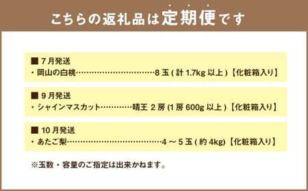 【3回定期便】岡山県産 フルーツ定期便コース （白桃・ 晴王・あたご梨） 計約6.9kg  【2026年7月上旬発送開始】 白桃 桃 もも シャインマスカット 晴王 ぶどう 葡萄 マスカット あたご 梨 なし フルーツ 果物 くだもの 岡山