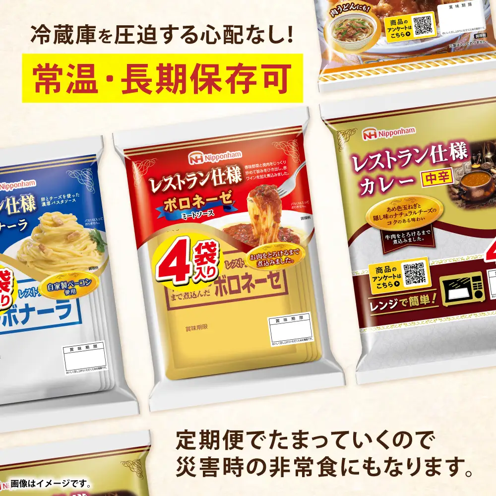【6回定期便】仕送り定期便（バランスコース） 6種 200食分 / 小分け レトルト カレー レトルトカレー どんぶり 丼 パスタ パスタソース 簡単 温める　レンジ レンチン 仕送り 大学生 一人暮らし 単身赴任 防災 保存食 長期保存 常温 / 諫早市 / 日本ハム[AHAL027]