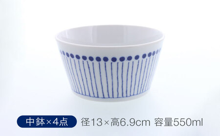 【美濃焼】反らし型 【蒼十草】  パック中鉢 ＆ 14cm フタ皿 各4点 合計8点セット【カネ定製陶】[MEI236-1]