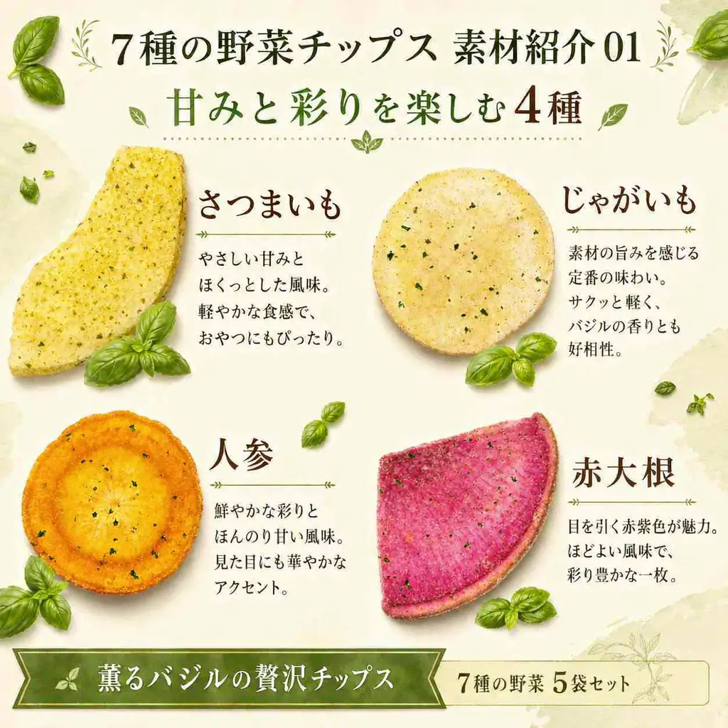 薫るバジルの贅沢チップス　7種の野菜5袋セット ／ 野菜チップス ベジタブルチップス ヘルシー 低温揚げ 軽い食感 サクサク トッピング おつまみ ワイン ビール スナック菓子 さつまいも じゃがいも 人参 赤大根 かぼちゃ いんげん ブロッコリー 千葉県 No.389