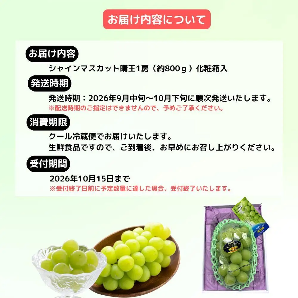 シャインマスカット晴王1房（約800ｇ）化粧箱入